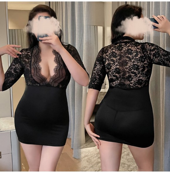 FEE ET MOI - Deep V Lace Sexy Hip-hugging Secretary Skirt (Plus Size - Black) FEE ET MOI - Deep V Lace Sexy Hip-hugging Secretary Skirt (Plus Size - Black)